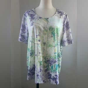 Chico's Purple and Green Scenic Print Short Sleeve Top